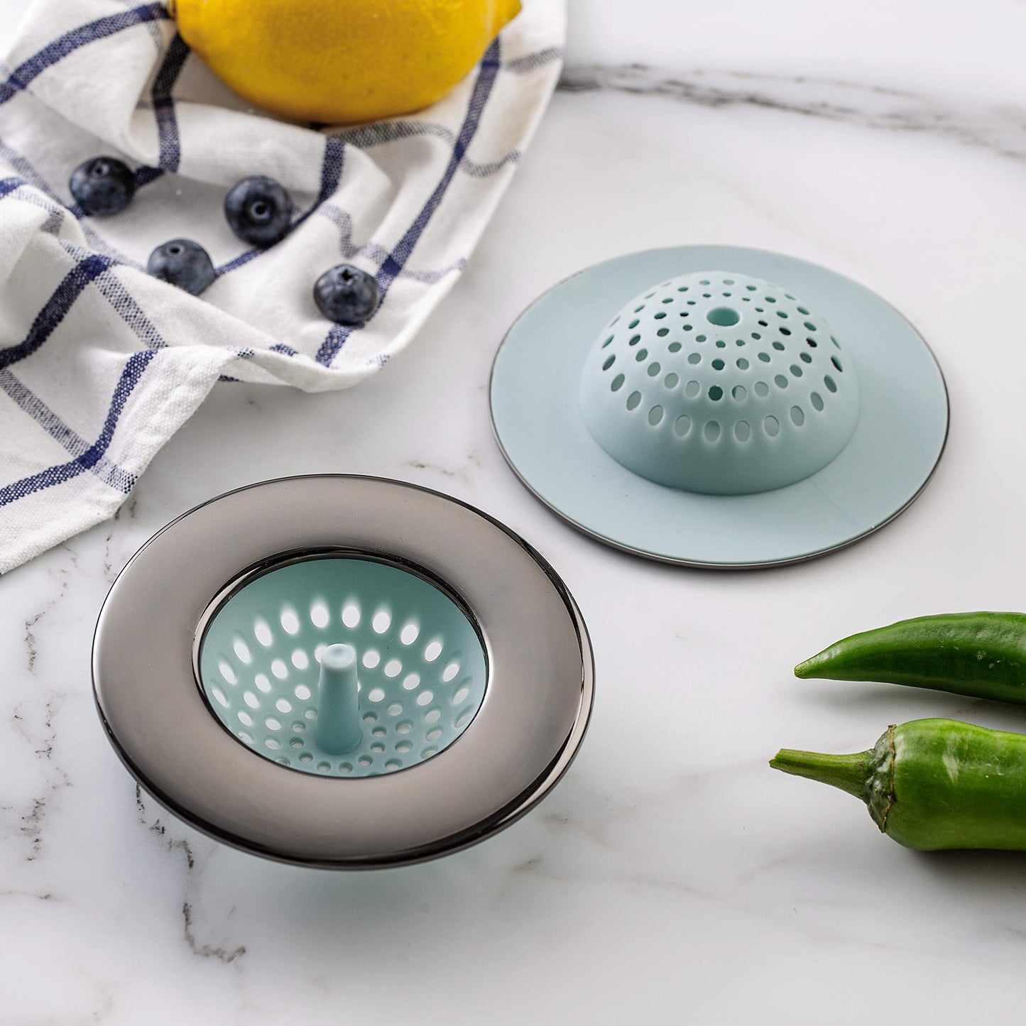 Country Kitchen Set of 2 Sink Strainers- Flexible Silicone Kitchen Sink Drainers, Traps Food Debris and Prevents Clogs, Large Wide 4.5’ Diameter Rim – Grey and Gun Metal (Grey)