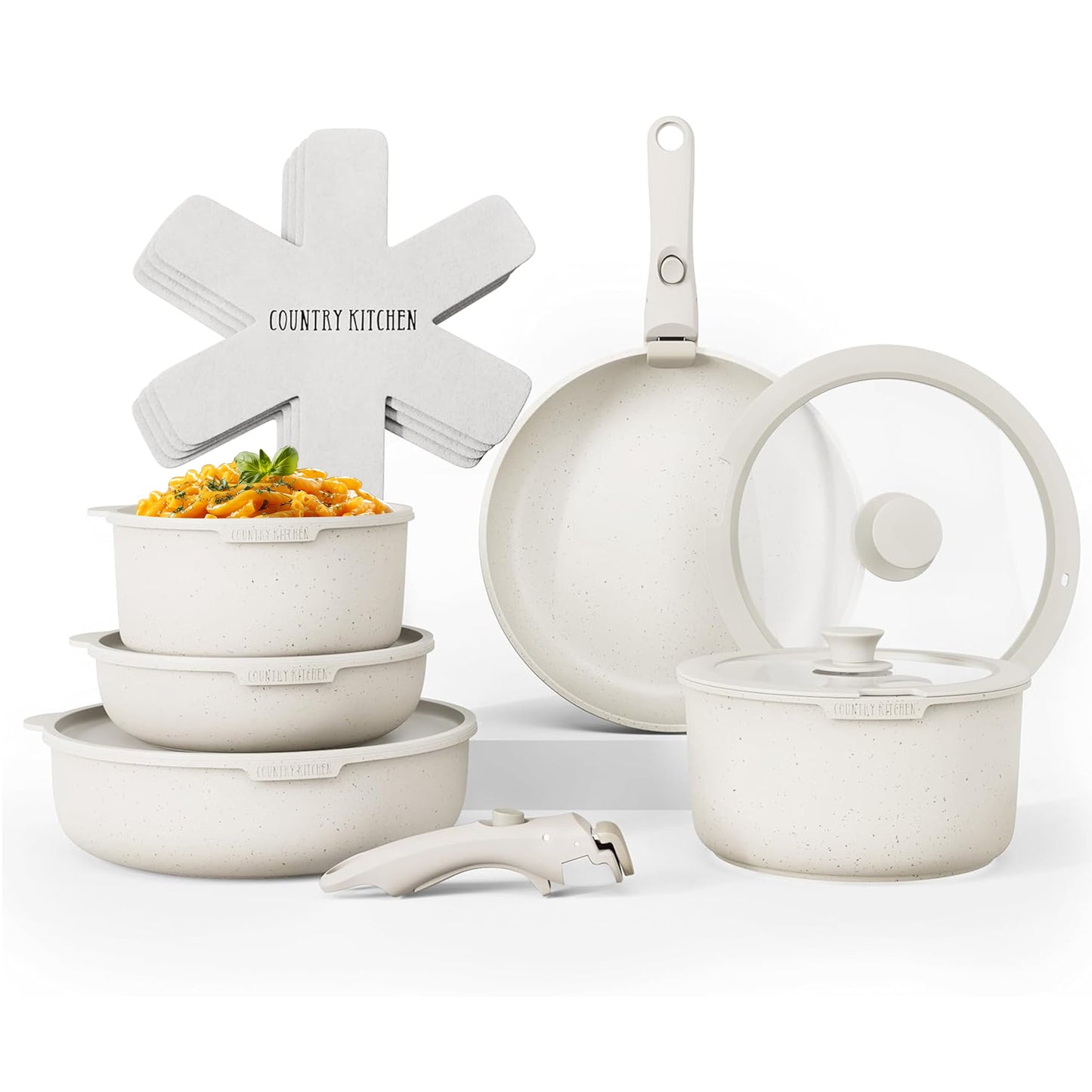 Country Kitchen Original Stackable Cookware Set with Detachable Handle - Nonstick Granite-Coated Pots and Pans for Easy Storage, Cream