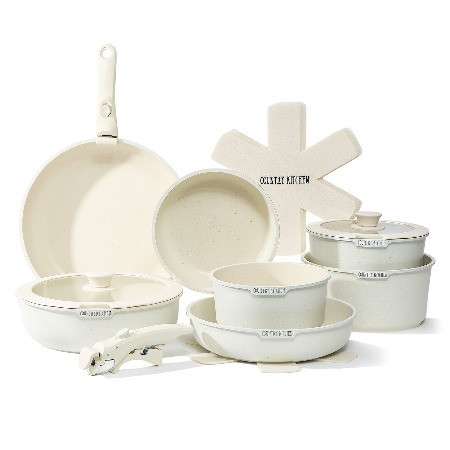 Country Kitchen Original Stackable Cookware Set with Detachable Handle - Nonstick Granite-Coated Pots and Pans for Easy Storage, Cream