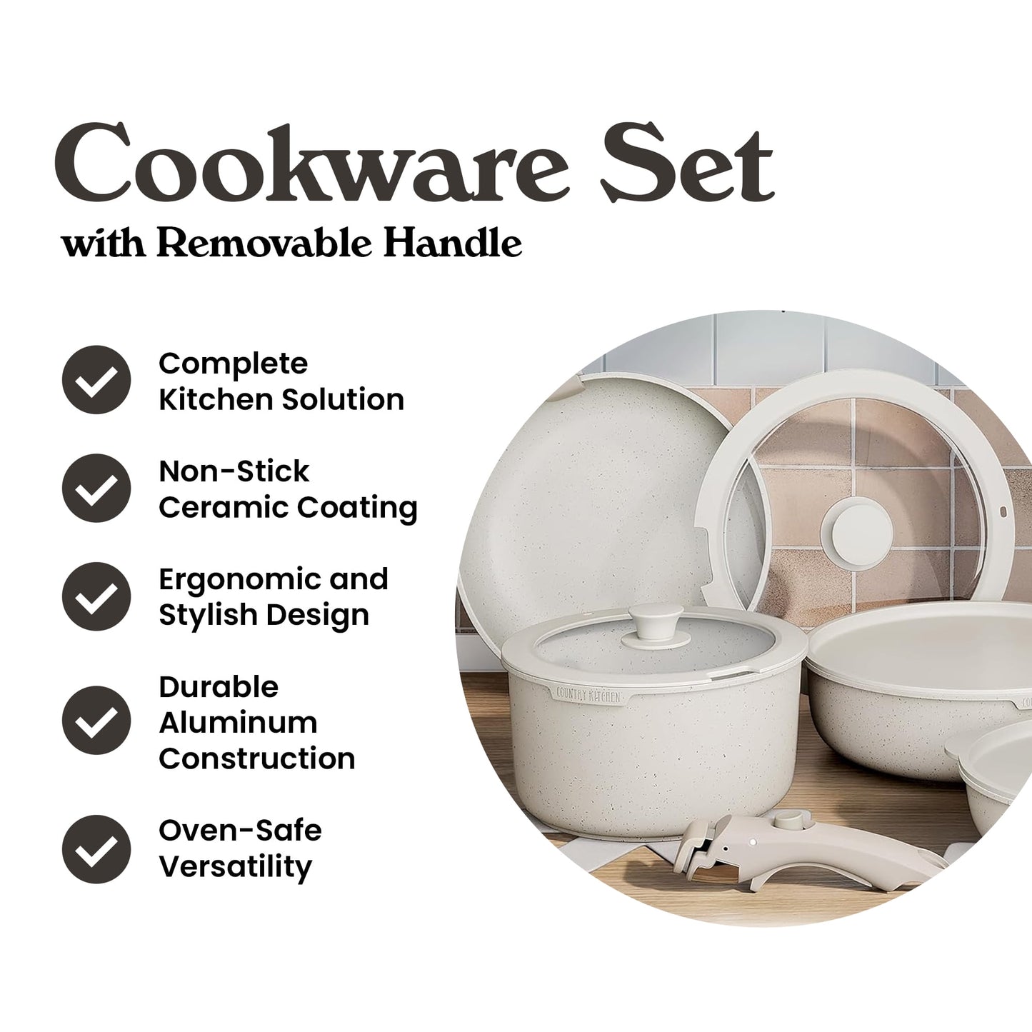 Country Kitchen Original Stackable Cookware Set with Detachable Handle - Nonstick Granite-Coated Pots and Pans for Easy Storage, Cream