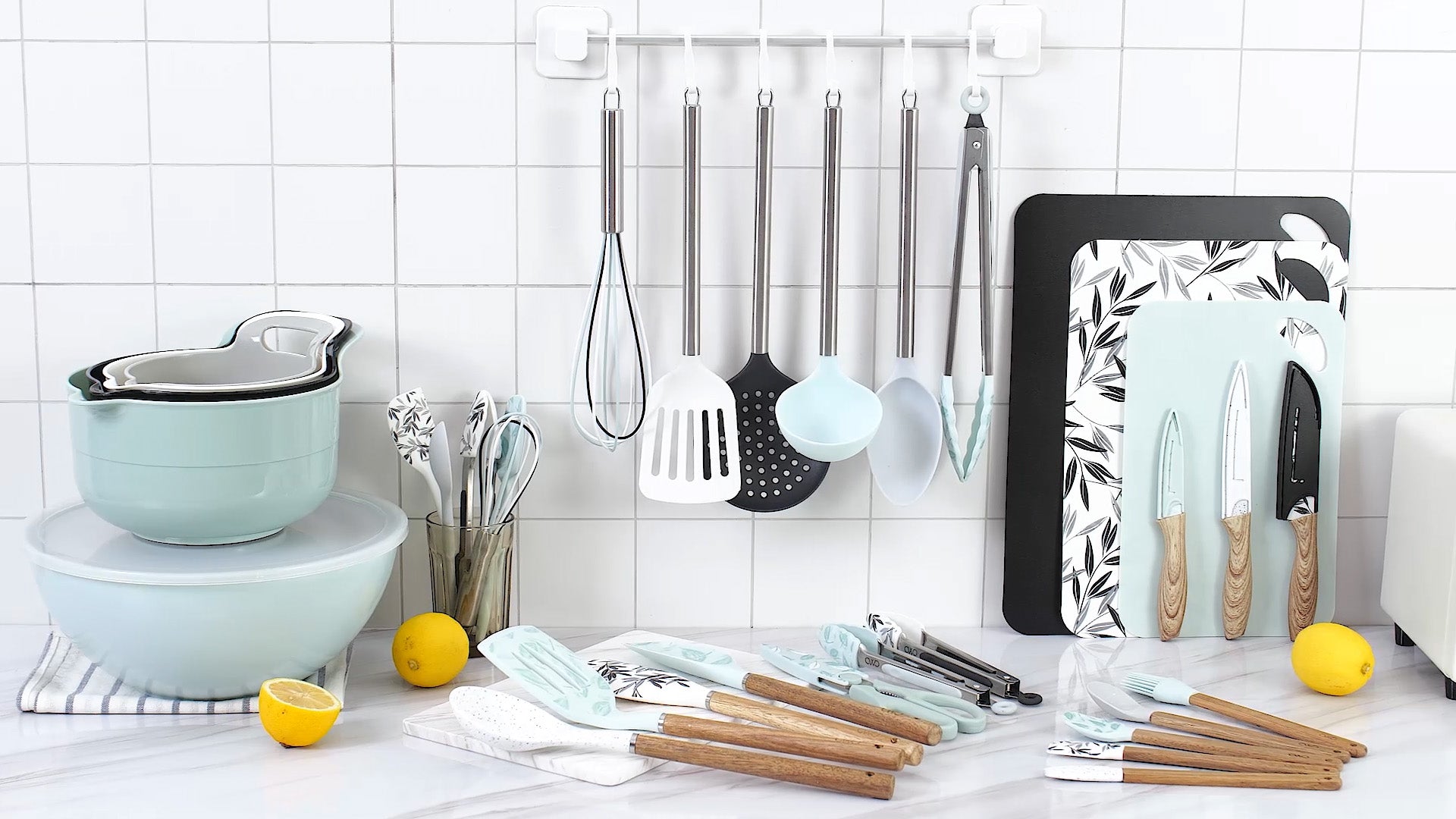 Kitchen utensils, home kitchen tools, mint rubber accessories on