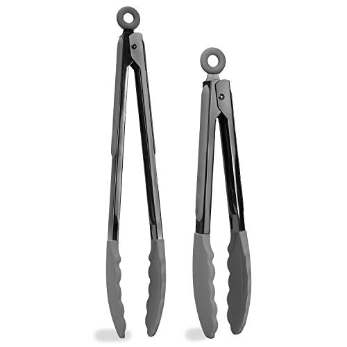Country Kitchen Stainless Steel Silicone Tipped Kitchen Food BBQ and Cooking Tongs Set of Two 10” and 13” for Non Stick Cookware, BPA Fee, Stylish, Sturdy, Locking, Grill Tongs, Gunmetal and Grey