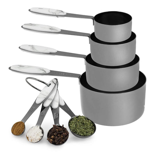 Country Kitchen 8-Piece Gunmetal Measuring Cups and Measuring Spoon Set Stainless Steel with Soft Touch Silicone Handles, Nesting Liquid Measuring Cup Set or Dry Measuring Cups Set (Mint)