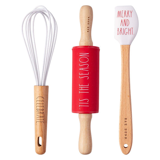 Rae Dunn Collection 3 Piece Holiday Baking Set with Spatula, Rolling Pin, and Whisk- by Cook with Color